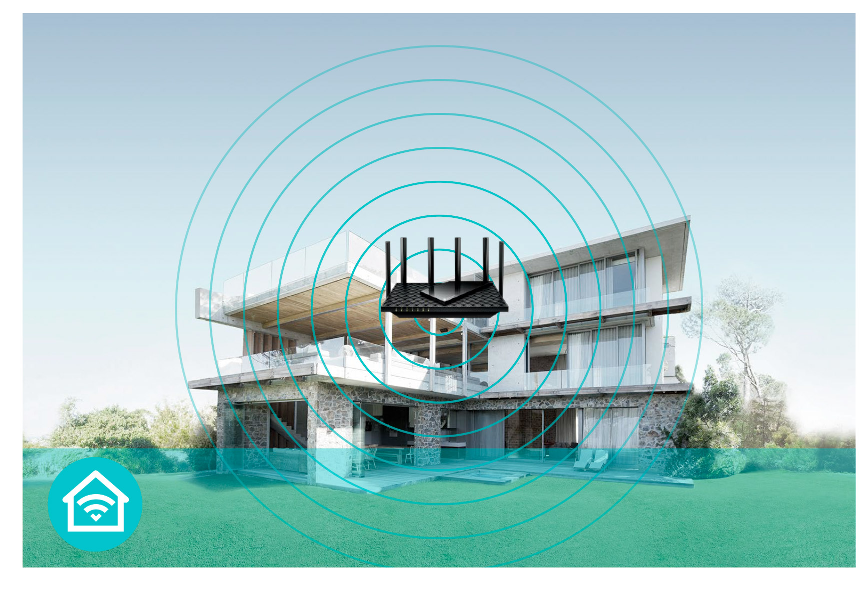 Router TP-Link Archer AXE75 WiFi 6E AX5400 ilustración de cobertura Wi-Fi en el hogar