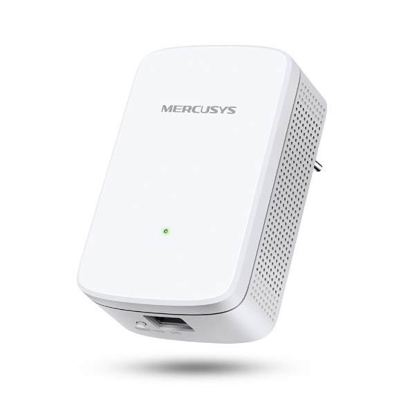 Vista frontal de amplificador de se&ntilde;al Wi-Fi Mercusys TP-Link mostrando luces indicadoras de se&ntilde;al LED
