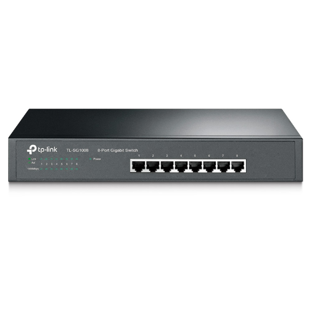 Switch TP Link Gigabit de 8 puertos TL-SG1008 TPLink TL-SG1008 Detalle de puertos y diseño sin ventilador del TL-SG1008
