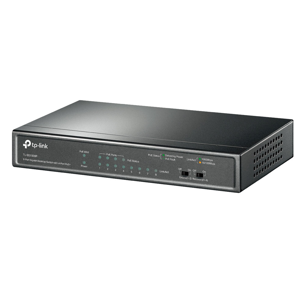 Vista frontal del Switch TP Link TL-SG1008P mostrando los puertos Gigabit