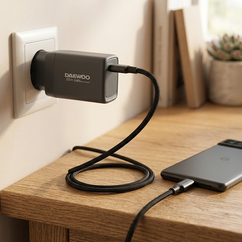 Kit de Carga Cargador de Pared USB-C 65W + Cable Tipo C Daewoo DI-PD651-EU Cargador Daewoo 65W resaltando su puerto USB-C y diseño compacto
