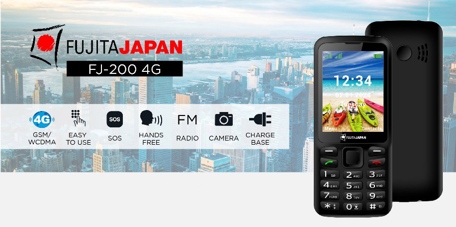 Celular Basico 3ra Edad FJ-200 Negro Cargador Base Celular básico Fujita Japan con teclado físico, pantalla compacta y diseño ergonómico para llamadas y mensajes