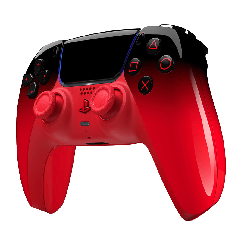 Detalle del diseño ergonómico y panel táctil del control DualSense Rojo tecno
