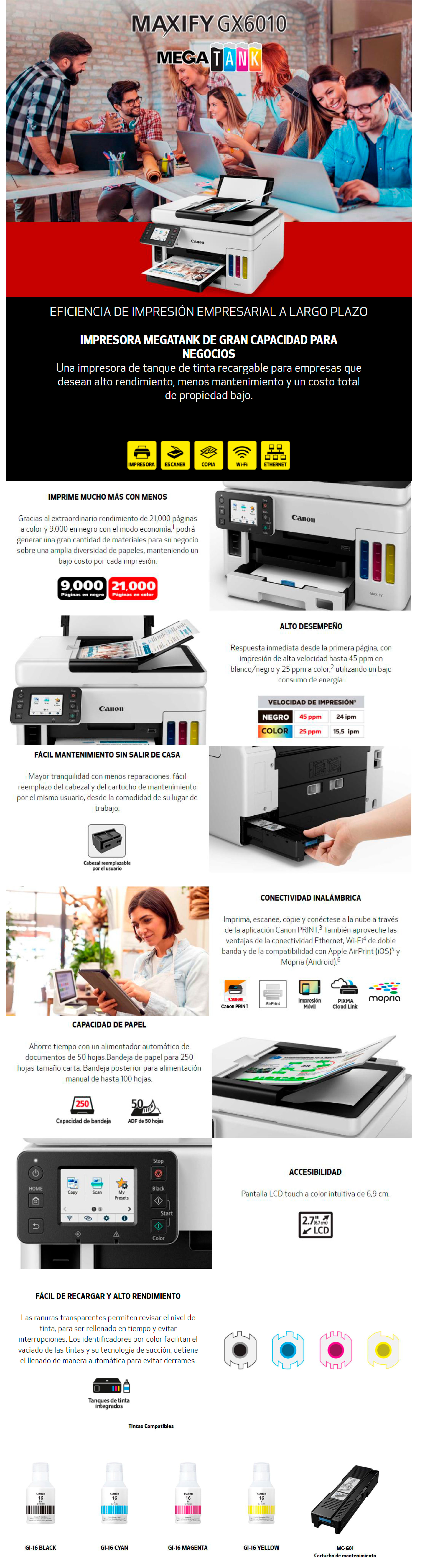 Impresora Multifuncional CANON Maxify GX6010, Tecnología Tinta Continua.  Impresora, Copiadora, Escáner. Pantalla Táctil en Color de 2.7 Pulgadas  4470C004AA