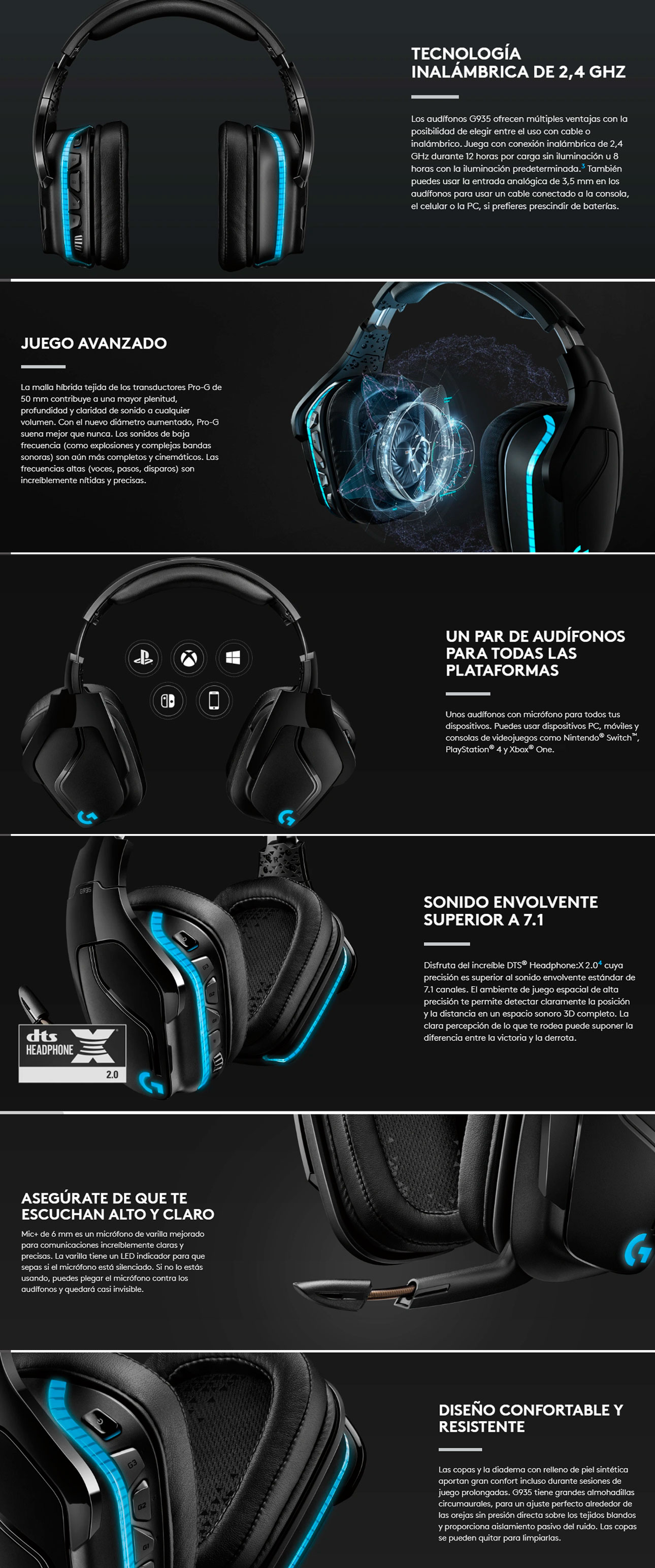 Auriculares gaming  Logitech G G935, Inalámbricos, Transductores