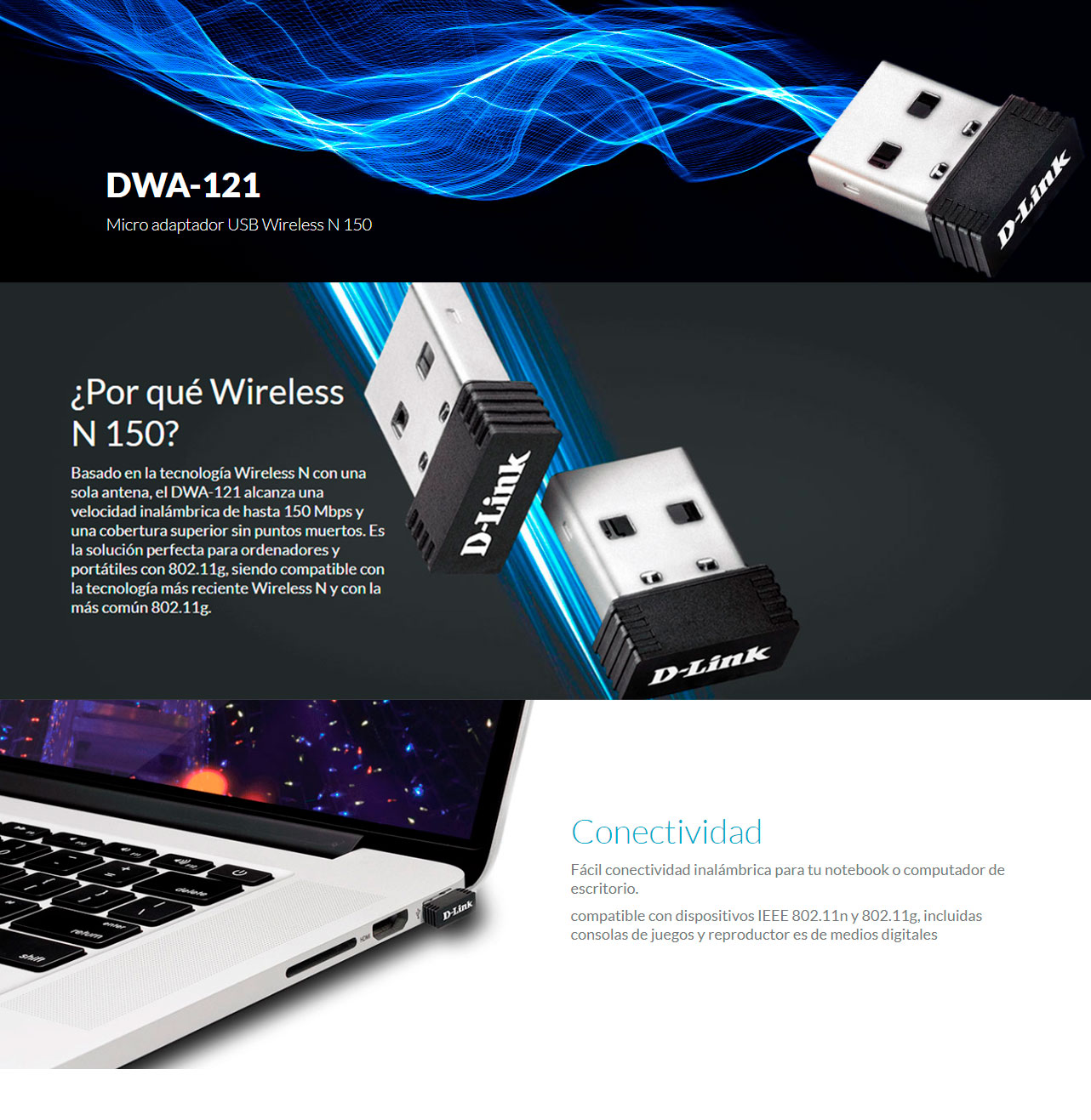 Adaptador de Red USB D-Link Wireless N 150 DWA-121 802.11n / g / b