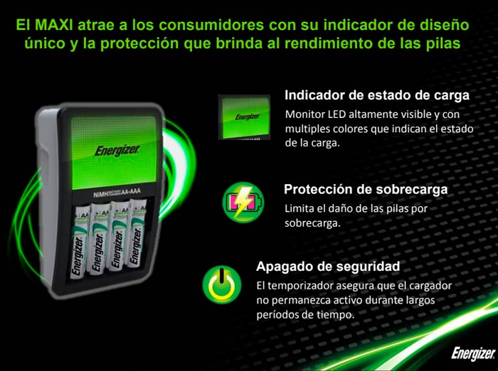 Cargador Energizer Maxi para 4 Pilas AA o AAA + 2 Pilas Recargables AA