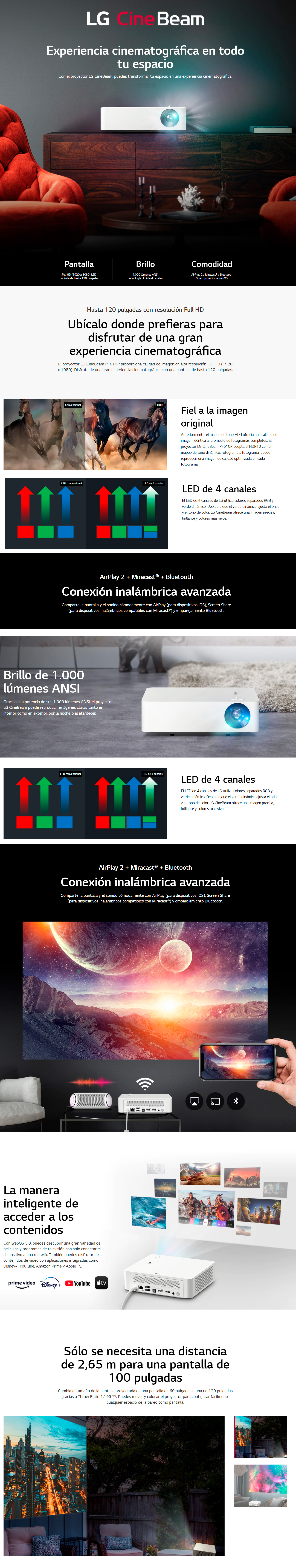 Proyector PF610P - LG CineBeam (hasta 120'', Lámpara LED RGBB, 1.000  lúmenes, Full HD 1920 x 1080, HDR10) 150.000:1 - PF610P