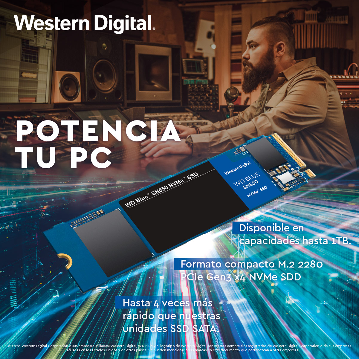 Unidad SSD 1TB WD Blue SN550 NVMe, PCIe Gen 3, Lectura 2400MB/s, Escritura 1950MB/s WESTERN DIGITAL - en Elite Center